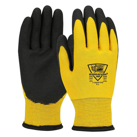 The PIP Barracuda HPPE/Nylon gloves, available in yellow and black, are designed with a PVC foam grip on a textured surface for optimal handling. An acrylic lining ensures comfort, while the PIP - Protective Industrial Products branding and safety ratings are prominently displayed on the back, making these gloves ideal for secure and efficient use. They come in packs of 12 pairs as model 713WHPTPD.