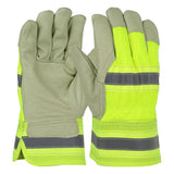 The PIP Pigskin Leather Palm Glove with Nylon Hi-Vis Back HVY5555 from Protective Industrial Products features durable pigskin leather palms and vibrant yellow nylon backs with reflective stripes, finished with a rubberized safety cuff. One glove is displayed palm up and the other palm down.