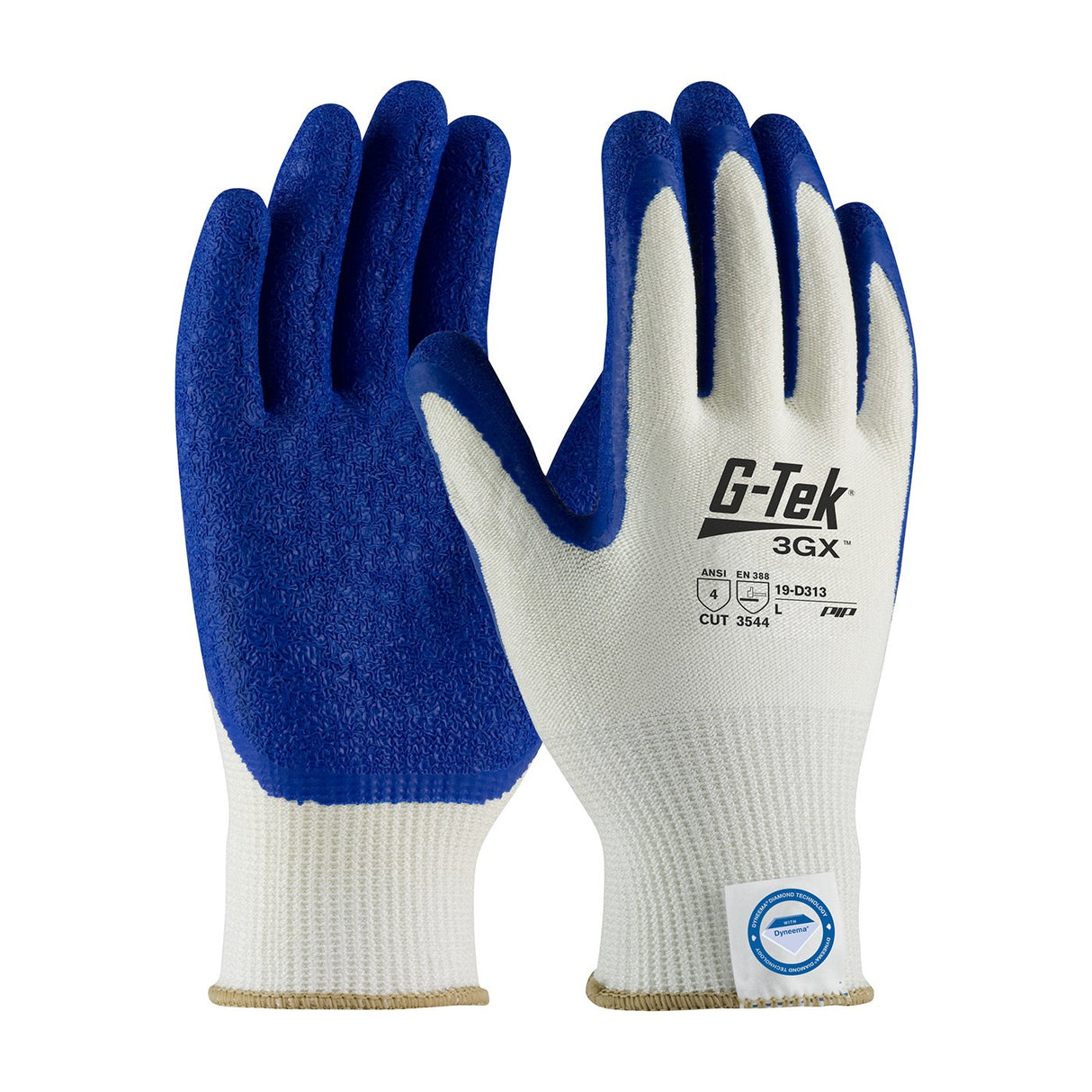 A pair of PIP G-Tek 3GX ECO Dyneema Diamond 2.0 work gloves in blue and white, featuring a durable latex crinkle grip for enhanced handling. The textured blue palms and fingers provide excellent grip, while the white backs display safety ratings and logos, offering impressive cut resistance.