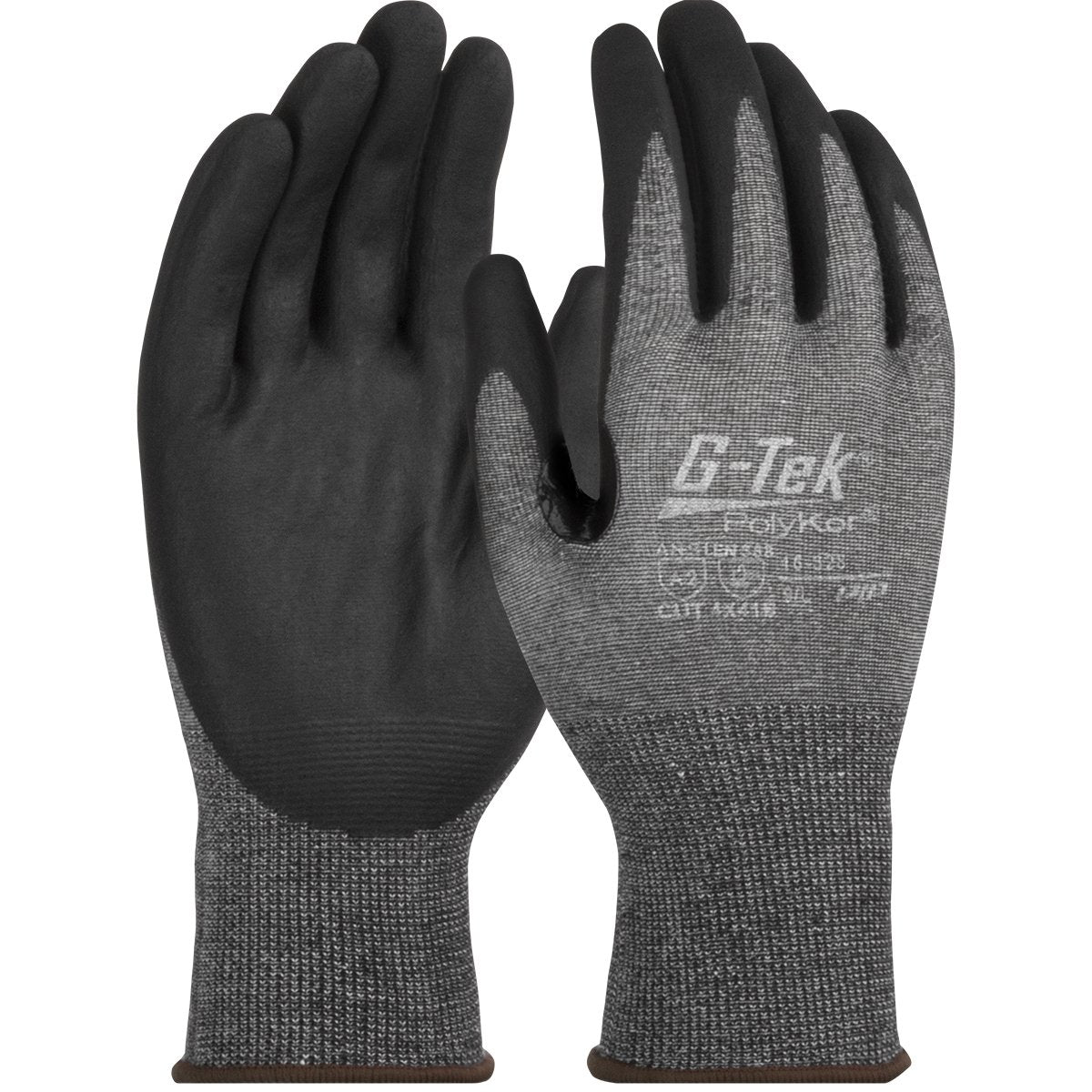 The PIP G-Tek PolyKor Glove w/Nitrile Coated Foam Grip 16-328, offered by Protective Industrial Products (PIP), boasts seamless knit construction with black nitrile-coated palms and gray backs featuring textured patterns. These gloves provide a snug fit with elastic cuffs and are touchscreen compatible, making them convenient to use while ensuring your hands stay protected on the job.