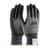 A pair of black and gray PIP G-Tek 3GX ECO Dyneema Phoenix gloves, known for their PU flat grip design, ensure excellent grip and durability. The gloves feature ribbed gray cuffs with a small label tag. Displayed upright with one palm and one back visible, these PIP - Protective Industrial Products gloves are ideal for tough tasks.