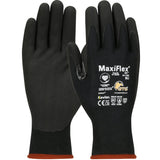 The PIP MaxiFlex Cut Seamless Knit DuPont Kevlar Gloves (34-1743) in black with red cuffs provide superior cut protection. One glove features various logos and text on the back, including a CE mark, CUT level 3 rating, and "Kevlar," underscoring its protective qualities. Additionally, these gloves are touchscreen compatible for enhanced convenience.