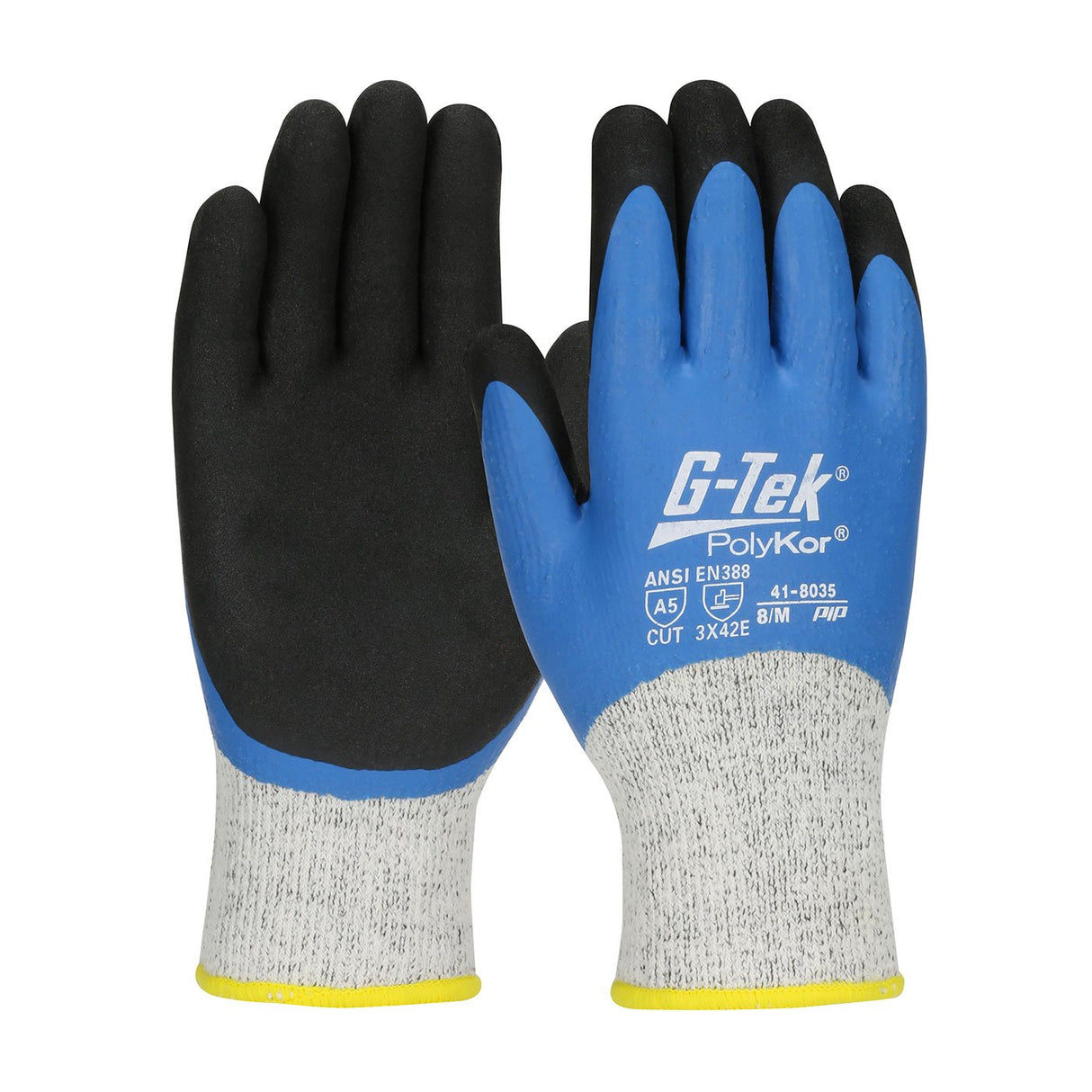 A pair of PIP G-Tek PolyKor 41-8035 gloves showcases a striking black and blue design with gray cuffs. The gloves are branded with "G-Tek® PolyKor®" text. Equipped with a MicroSurface Grip, these gloves from PIP - Protective Industrial Products are perfect for industrial or construction tasks, offering safety and protection in cold weather conditions.