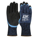 A pair of black and blue PIP G-Tek PolyKor/Acrylic gloves with Double-Dip Latex MicroSurface Grip, identifiable as model 41-8014. These gloves display protective symbols on the back, highlighting cut resistance capabilities. They are perfect for cold weather conditions and feature brown cuffs.