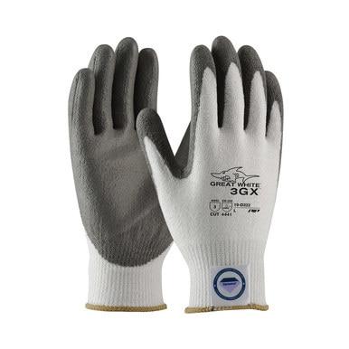 A pair of PIP - Protective Industrial Products G-Tek 3GX Great White Dyneema Gloves 19-D322, featuring gray palms and white fabric on the back. These gloves, enhanced with Dyneema Diamond Technology, are cut-resistant and equipped with a safety label and blue logo on the cuffs to ensure protection and durability.