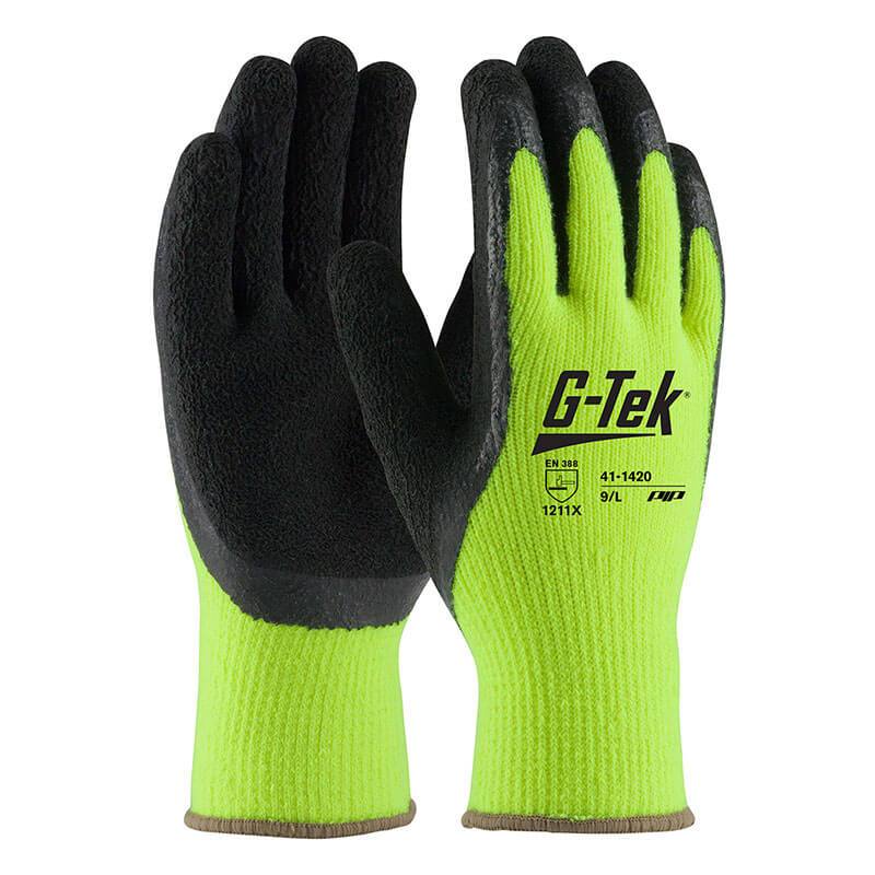 A pair of PIP G-Tek Hi-Vis Acrylic Gloves, featuring high-visibility yellow with black latex-coated crinkle grip palms and fingers, ideal for cold weather protection. The gloves display the "G-Tek" label with model details printed in black on the back.