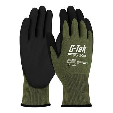 A pair of PIP G-Tek PolyKor X7 MicroSurface Grip Gloves 16-399 features black NeoFoam-coated palms and fingers, paired with green fabric on the back. Labeled protections on the gloves indicate their cut resistance, and they are also touchscreen compatible. The gloves are presented against a white background.