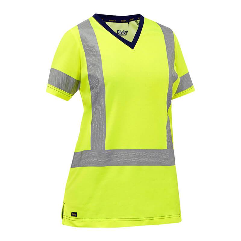 The PIP Bisley Women's Short Sleeve T-Shirt 313W1118H by Protective Industrial Products is a vibrant yellow ANSI Class 2 high-visibility shirt with gray reflective stripes. Its V-neck design and relaxed fit make it perfect for safety and work settings.