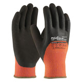 The PIP PowerGrab Thermo 3/4 Gloves 41-1475 by Protective Industrial Products, in orange and black, provide cold weather protection and feature safety certification symbols. The gloves include a Latex MicroFinish Grip on the palms and fingers for improved handling.