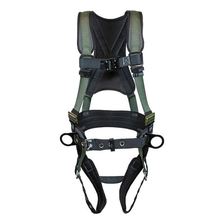 The French Creek Production STRATOS Construction Harness 22850B features Strato-lite Padding for ultimate comfort and meets OSHA and ANSI Standards. This black and green harness is designed with padded shoulder straps, adjustable belts, and multiple buckles to ensure secure fastening, making it ideal for climbing or construction safety.