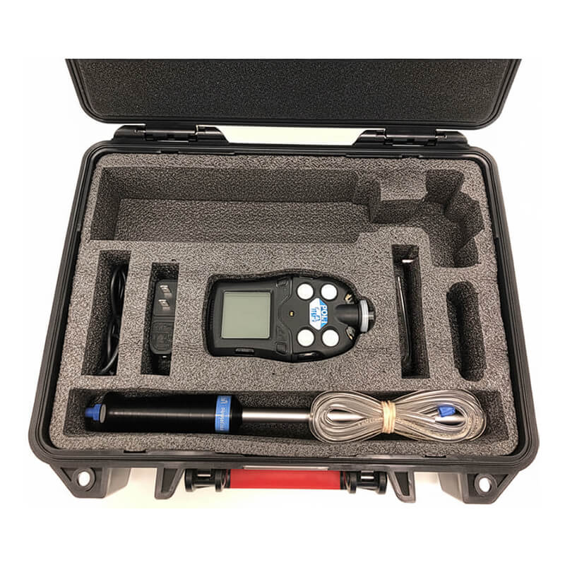 The mPower POLI MP400P Pump 4-Gas Detector Confined Space Entry Kit by mPower Electronics comes in a hard case with foam inserts, featuring the detector, a long-cable probe, and organized calibration accessories.