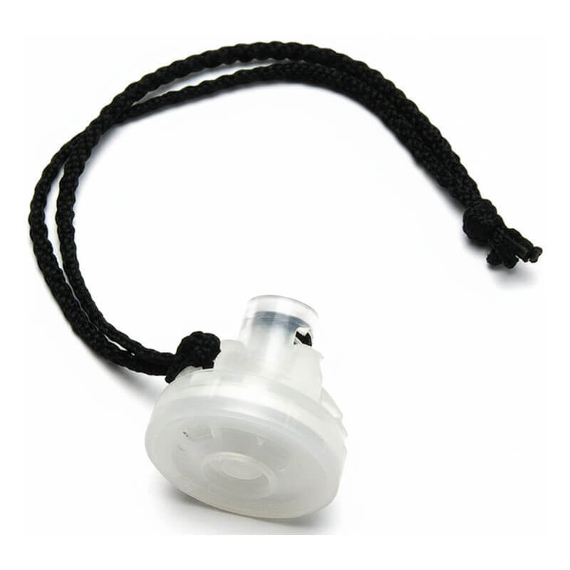 A white plastic whistle with a round body and small mouthpiece, featuring a braided black lanyard for easy neck wear, mirrors the compact design of the BW Honeywell M5-AF-K2 auxiliary filter.