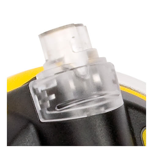 Close-up of a BW Technologies by Honeywell GasAlert Micro 5 Replacement Nozzle Pump M5-PN-1 attached to a black and yellow device, set against a white background.