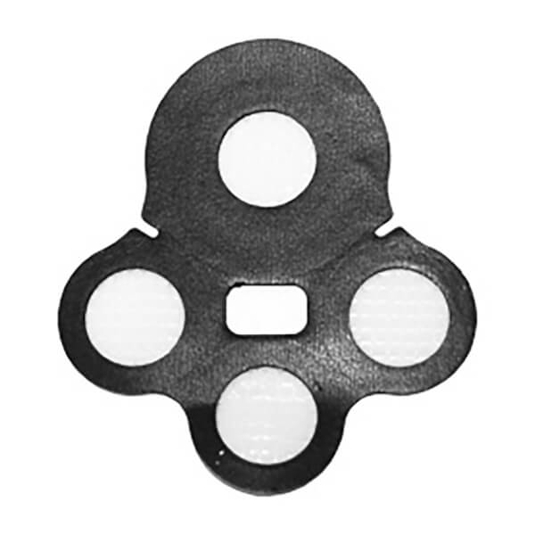 A black, clover-shaped BW Replacement Quad Sensor Screen Filter (2/Pack) by BW Technologies, with three round and one square hole around a central circle, plus a smaller top hole, shown on a white background.