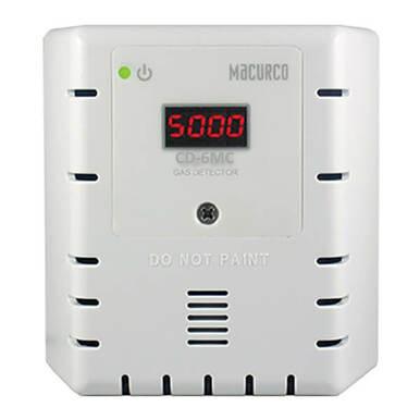 The Macurco CO2 Fixed Gas Detector Controller Transducer, identified on the front as "CD-6MC Gas Detector," comes in white and includes a digital display showing "5000." It features the warning "DO NOT PAINT," making it suitable for commercial refrigeration and fan control applications.