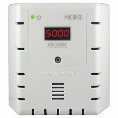 A Macurco CO2 Fixed Gas Detector Controller Transducer, available in white, is equipped with a digital display showing "5000" and an LED indicator light. Designed for commercial refrigeration, this device features vent slits on the sides to enhance fan control efficiency.