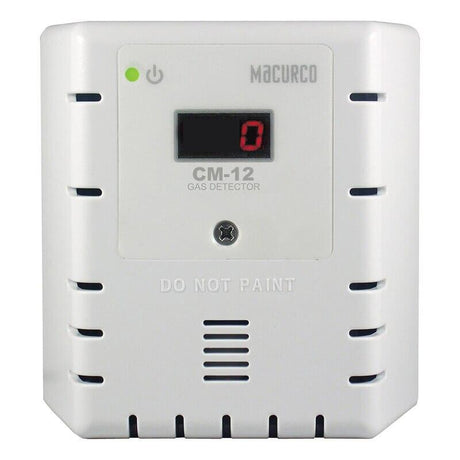 A white Macurco CO Fixed Gas Detector Controller Transducer with a digital display showing zero, featuring the brand name "Macurco" and the instruction "DO NOT PAINT" printed near the bottom. Designed for commercial facilities, it includes ventilation slots on the sides and a small status light at the top left.