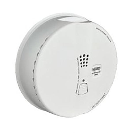 The Macurco Residential Round Mount CO Gas Detector CM-E1-R_, by Macurco, is a round, white carbon monoxide monitor with a small vent and a test button on its surface, seamlessly mounted on the ceiling.