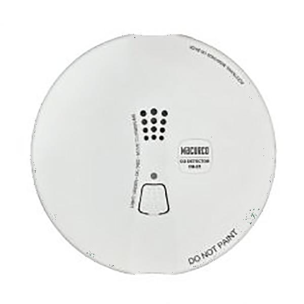 A round, white Macurco Residential Round Mount CO Gas Detector CM-E1-R_ from Macurco is mounted on the ceiling, similar to a carbon monoxide monitor. It has a grid of small holes and a test button. The accompanying text includes installation and maintenance instructions, with the warning "DO NOT PAINT" prominently displayed.