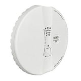 A Macurco Residential Round Mount CO Gas Detector CM-E1-R_ is a round white device featuring a test button, vents, and a label with usage instructions. This low-voltage detector is designed to be mounted on a ceiling or wall for fire safety and also functions as a carbon monoxide monitor for comprehensive protection.