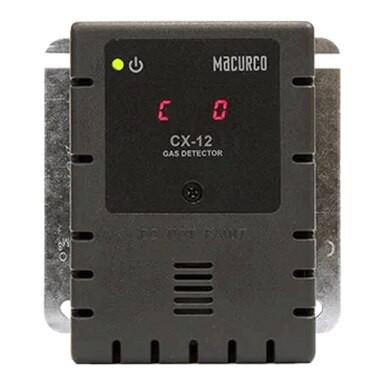 Close-up of a Macurco Dual CO/NO2 Fixed Gas Detector Controller Transducer with a digital display showing "C 0." The device features a sleek black front panel, metallic edges, and an LED indicator, embodying the precision expected from a top-tier gas detector controller.