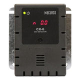 Displayed is a black and gray Macurco Dual CO/NO2 Fixed Gas Detector Controller Transducer, specializing in carbon monoxide detection. Its digital screen shows "0.0" alongside a small green indicator light above it, elegantly mounted on a metallic bracket.