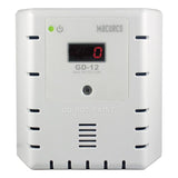 A white Macurco LEL Fixed Gas Detector Controller Transducer for combustible gas detection includes a digital display reading "0." It features ventilation slots, a label stating "DO NOT PAINT," and a small green indicator light on the upper left corner, ensuring it remains essential safety equipment.