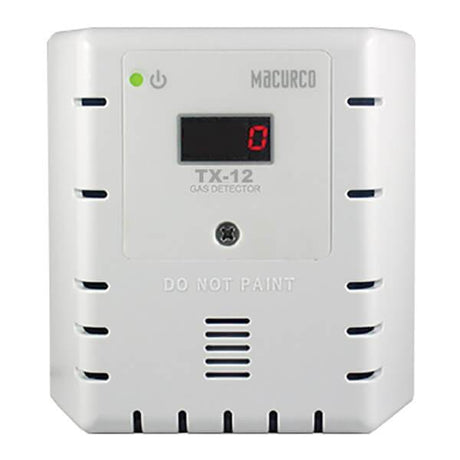 The Macurco H2S Fixed Gas Detector Controller Transducer in white features a digital display showing "0." It includes ventilation slits on the sides, an LED indicator, and the text "DO NOT PAINT" at the bottom. Ideal for monitoring, it provides automatic fan control for enhanced safety.