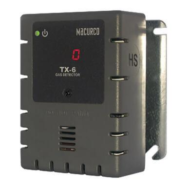 A Macurco H2S Fixed Gas Detector Controller Transducer is mounted on a wall. The gray device has a black front panel with a red LED screen displaying "0." It is equipped with automatic fan control and features a power button with an indicator light, along with ventilation slits on the sides.