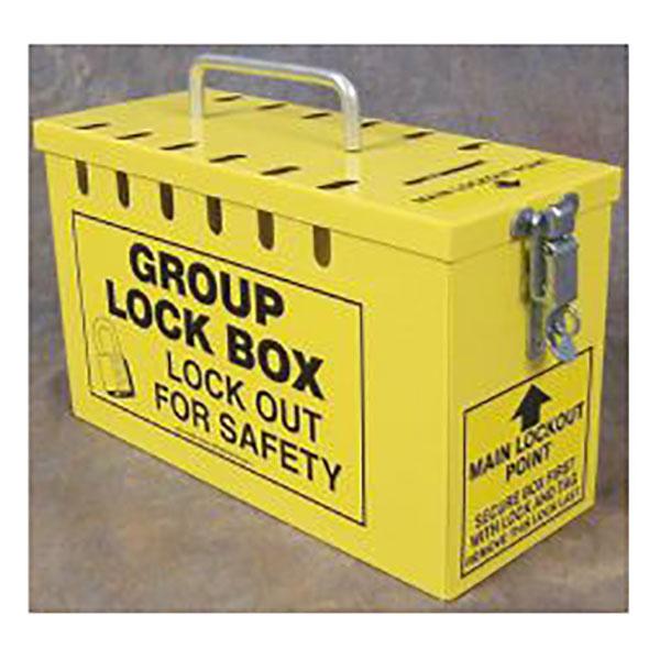 The AccuformNMC Accuform Portable Group Lockout Box KCC617 is a yellow lockout box featuring a handle and padlock. It displays the text "Group Lock Box, Lock Out for Safety" and includes slots for lock insertion along with a lockout point arrow, providing secure closure to enhance safety.