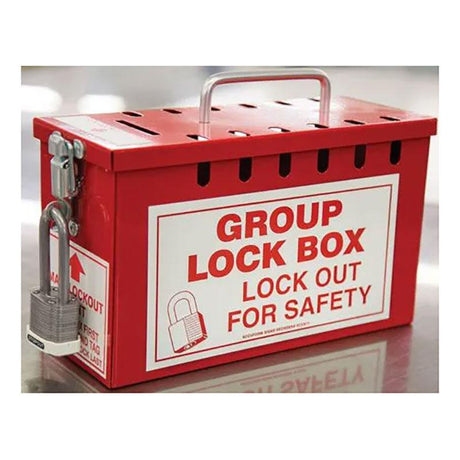 The Accuform Portable Group Lockout Box KCC617, by AccuformNMC, is a red metal lock box designed for portability. It features the label "Group Lockout Box: Lock Out for Safety," along with ventilation slots and a sturdy handle. Its lockable closure allows a padlock to secure the box securely on metallic surfaces.