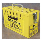 The AccuformNMC Accuform Portable Group Lockout Box KCC617 is a yellow metal lock box with a silver handle and lockable closure, featuring black text that reads "GROUP LOCK BOX LOCK OUT FOR SAFETY" and includes clear instructions for use.