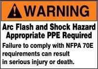 The Accuform Arc Flash Warning Label - Self-Sticking LELC3 by AccuformNMC clearly states, "Arc Flash and Shock Hazard Appropriate PPE Required," highlighting the critical importance of Safety Equipment. Non-compliance with NFPA 70E standards could lead to severe injury or fatality. Crafted from DuraVinyl material, these labels guarantee both durability and high visibility.