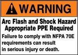 The Accuform Arc Flash Warning Label - Self-Sticking LELC3 by AccuformNMC clearly states, "Arc Flash and Shock Hazard Appropriate PPE Required," highlighting the critical importance of Safety Equipment. Non-compliance with NFPA 70E standards could lead to severe injury or fatality. Crafted from DuraVinyl material, these labels guarantee both durability and high visibility.