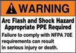 The AccuformNMC Accuform Arc Flash Warning Label - Self-Sticking LELC3 warns of "Arc Flash and Shock Hazard." Made from DuraVinyl, these labels emphasize the importance of using proper personal protective equipment (PPE) to comply with NFPA 70E standards and avoid serious injury or death.