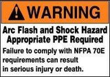 The AccuformNMC Accuform Arc Flash Warning Label - Self-Sticking LELC3 warns of "Arc Flash and Shock Hazard." Made from DuraVinyl, these labels emphasize the importance of using proper personal protective equipment (PPE) to comply with NFPA 70E standards and avoid serious injury or death.