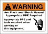 The Accuform Arc Flash Warning Sticker - PPE w/Graphic LELC3, manufactured by AccuformNMC, is crafted from durable DuraVinyl material to alert individuals to arc flash and shock hazards. These stickers recommend the use of appropriate personal protective equipment (PPE) and tools when handling equipment. A graphic depicts a gloved hand holding a wire, highlighting the importance of safety gear.