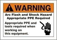 The Accuform Arc Flash Warning Sticker - PPE w/Graphic LELC3 by AccuformNMC includes a prominent "Appropriate PPE Required" message accompanied by an icon of a gloved hand holding a tool, highlighting the importance of safety equipment when handling machinery to prevent shocks and hazards.