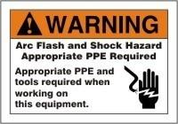 The AccuformNMC Arc Flash Warning Sticker - PPE w/Graphic LELC3 alerts workers to arc flash and shock hazards while highlighting the importance of proper safety equipment and tools. Ensure you're equipped with the appropriate PPE when working on machinery, as using DuraVinyl material enhances the visibility and durability of these warnings.