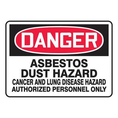 The AccuformNMC OSHA Danger Safety Sign, measuring 10" x 14" (MCAW108V), features the word "Danger" in bold red and white text to warn of an asbestos dust hazard, emphasizing the risks of cancer and lung disease while stating "Authorized Personnel Only.