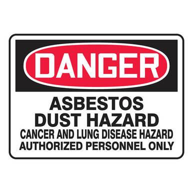 The AccuformNMC OSHA Danger Safety Sign, measuring 10" x 14", prominently features a red and white "DANGER" label at the top. It warns of the asbestos dust hazard below, highlighting the associated risks of cancer and lung disease, and states that access is restricted to authorized personnel only.