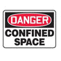 The AccuformNMC Confined Space Sign 10" x 14" MCSP002V features a prominent red oval with the word "DANGER" in white, while below it states "CONFINED SPACE" in bold black capital letters. This sign alerts to a hazardous area that necessitates safety equipment and caution.