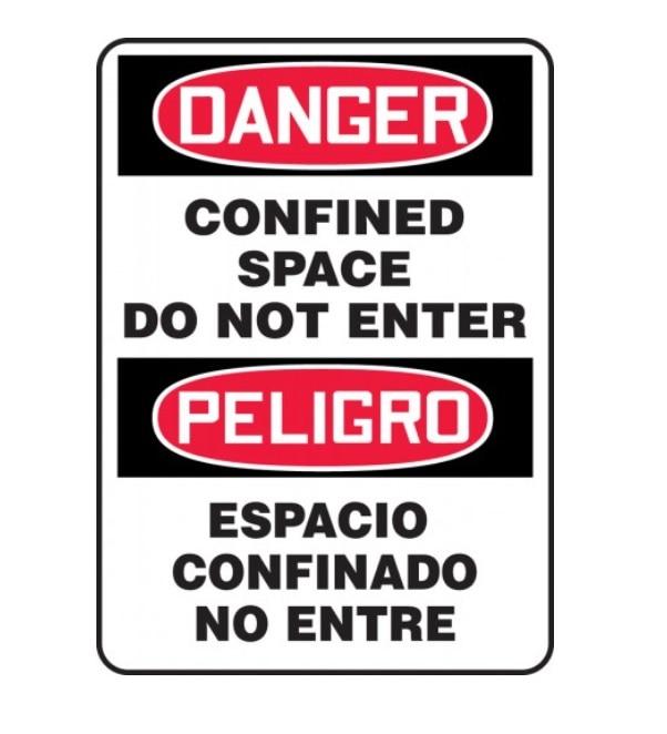 The AccuformNMC Confined Space Sign - Bilingual - Do Not Enter SBMCSP230 prominently displays "Danger" and "Peligro" at the top, warning of a confined space. The messages "Confined Space Do Not Enter" in English and "Espacio Confinado No Entre" in Spanish stand out against the black and red color scheme, ensuring clarity and safety.