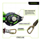 Close-up of the Frontline Fall Protection 4-Person 100' Adjustable HL System with 6' anchor straps, featuring tension indicator, corrosion-resistant pulley, forged alloy steel carabiner, aluminum parts, and safety/material diagrams.