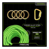 The Frontline 4-Person 100' Adj. HL System w/6' Anchor Straps by Frontline Fall Protection features forged alloy steel hardware (9000 lbs strength) and a 5/8" kernmantle rope, displayed on a black grid background.