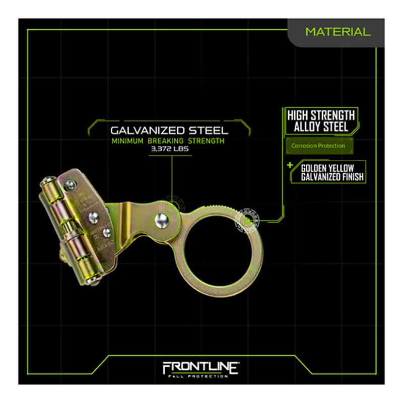 The Frontline Self-Tracking Rope Grab for 5/8" Rope by Frontline Fall Production is shown on a black background with green accents. Text notes its high strength, corrosion resistance, and 3,372 lb minimum breaking strength.