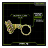 The Frontline Self-Tracking Rope Grab for 5/8" Rope by Frontline Fall Production is shown on a black background with green accents. Text notes its high strength, corrosion resistance, and 3,372 lb minimum breaking strength.
