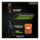 The Frontline Fall Protection Rescue 18' Ladder Kit with Pulley System (RLA18B) includes a zinc-plated steel carabiner, nylon webbing ladder, "RESCUE LADDER" ballistic nylon bag, and is OSHA compliant for weight, capacity, and length.