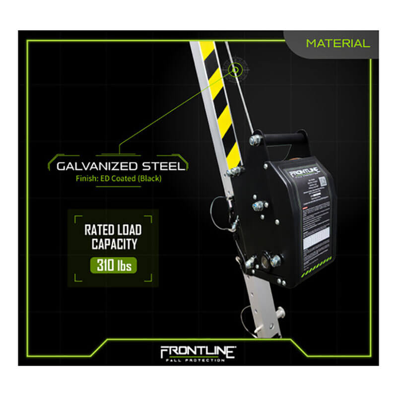 Close-up of the Frontline MEGApod 60' Confined Space Winch with galvanized cable, black ED coating, 310 lbs load capacity, and black/yellow stripes by Frontline Fall Protection. FRONTLINE logo visible at the bottom.