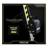 Close-up of the Frontline MEGApod 60' Confined Space Winch with galvanized cable, black ED coating, 310 lbs load capacity, and black/yellow stripes by Frontline Fall Protection. FRONTLINE logo visible at the bottom.